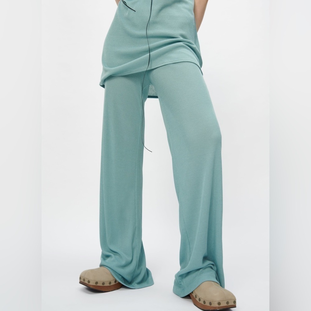 NEW WITH TAGS Zara Ribbed Knit Wide Leg Lounge Pants Aqua Small